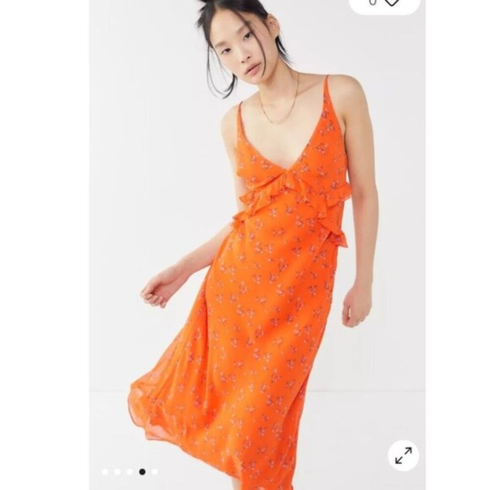 Urban Outfitters Long Floral Ruffle Trim Slip Dress V Neck Coral Red New Sz. L